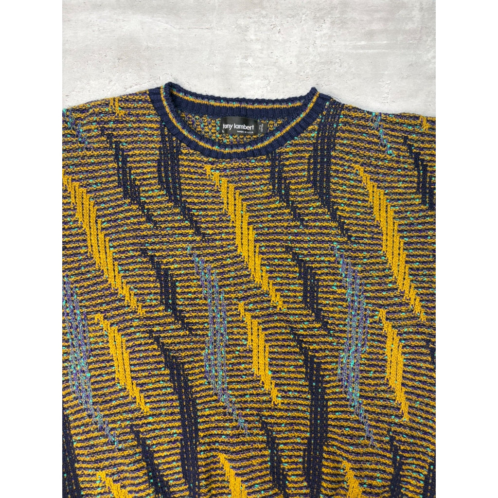 Vintage 90s Tony Stewart Abstract Striped Print Pullover Knit Sweater Size Large