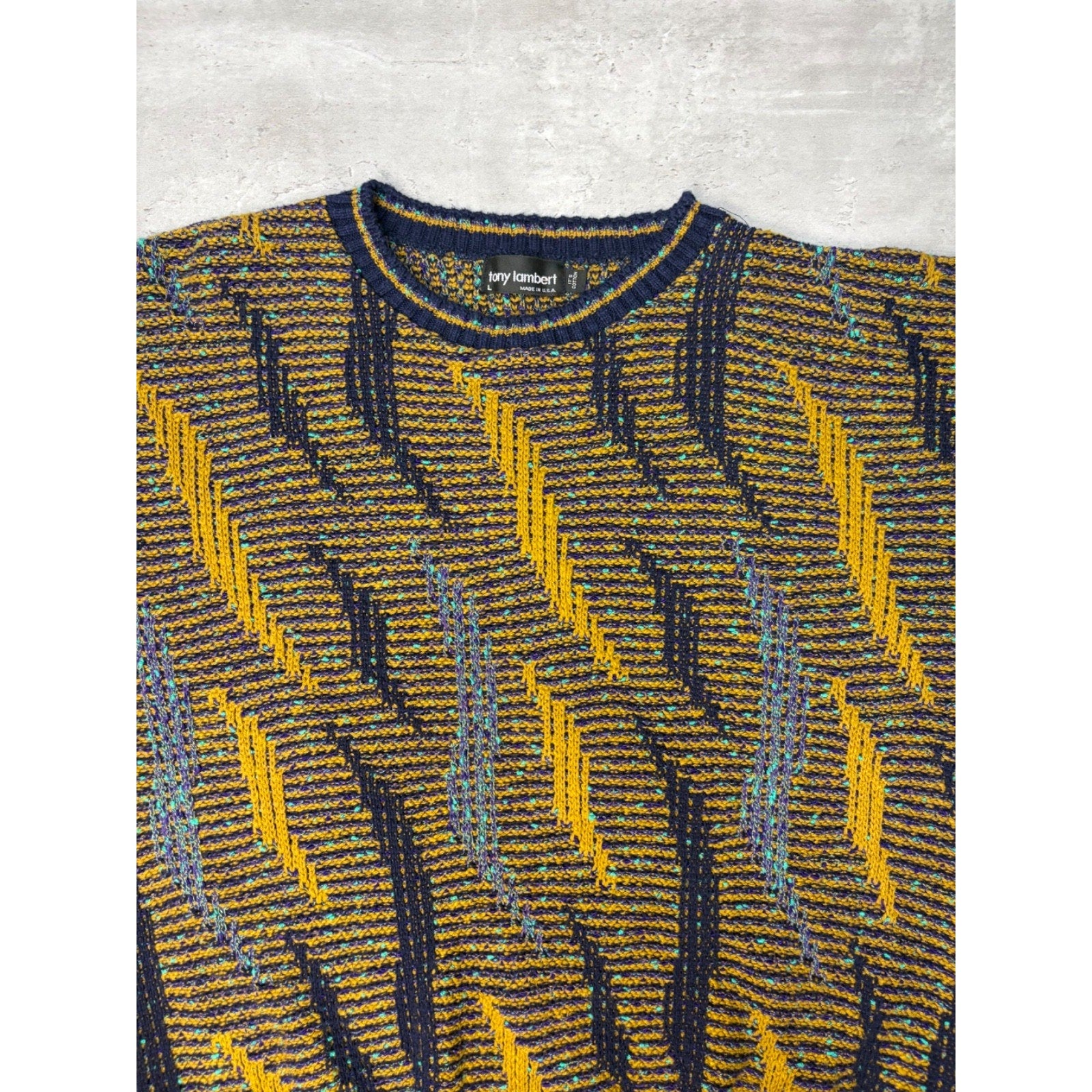 Vintage 90s Tony Stewart Abstract Striped Print Pullover Knit Sweater Size Large