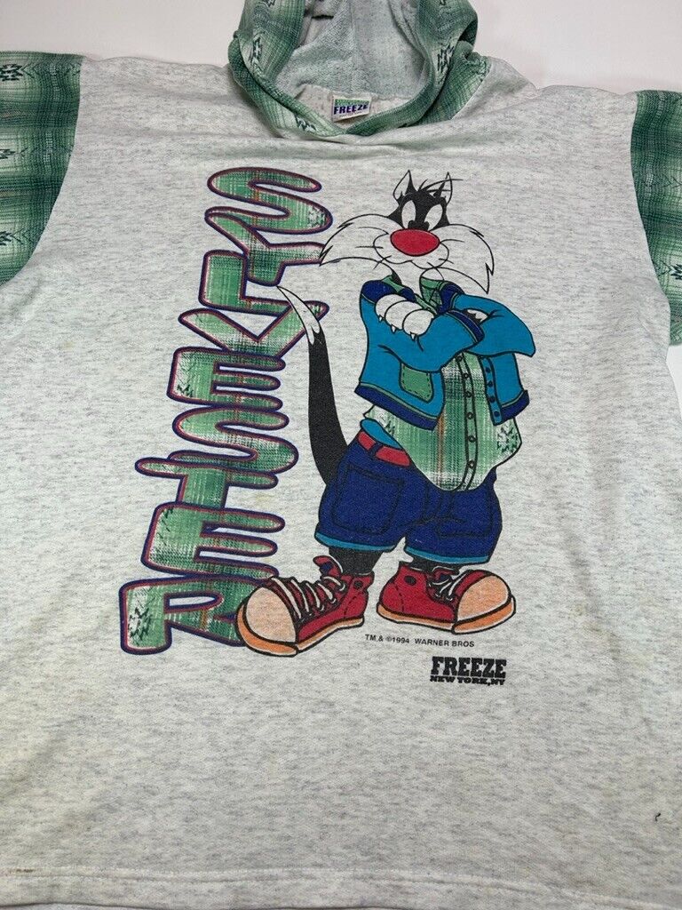 Vintage 1994 Looney Tunes Sylvester Big Graphic Hooded Sweatshirt Size Large