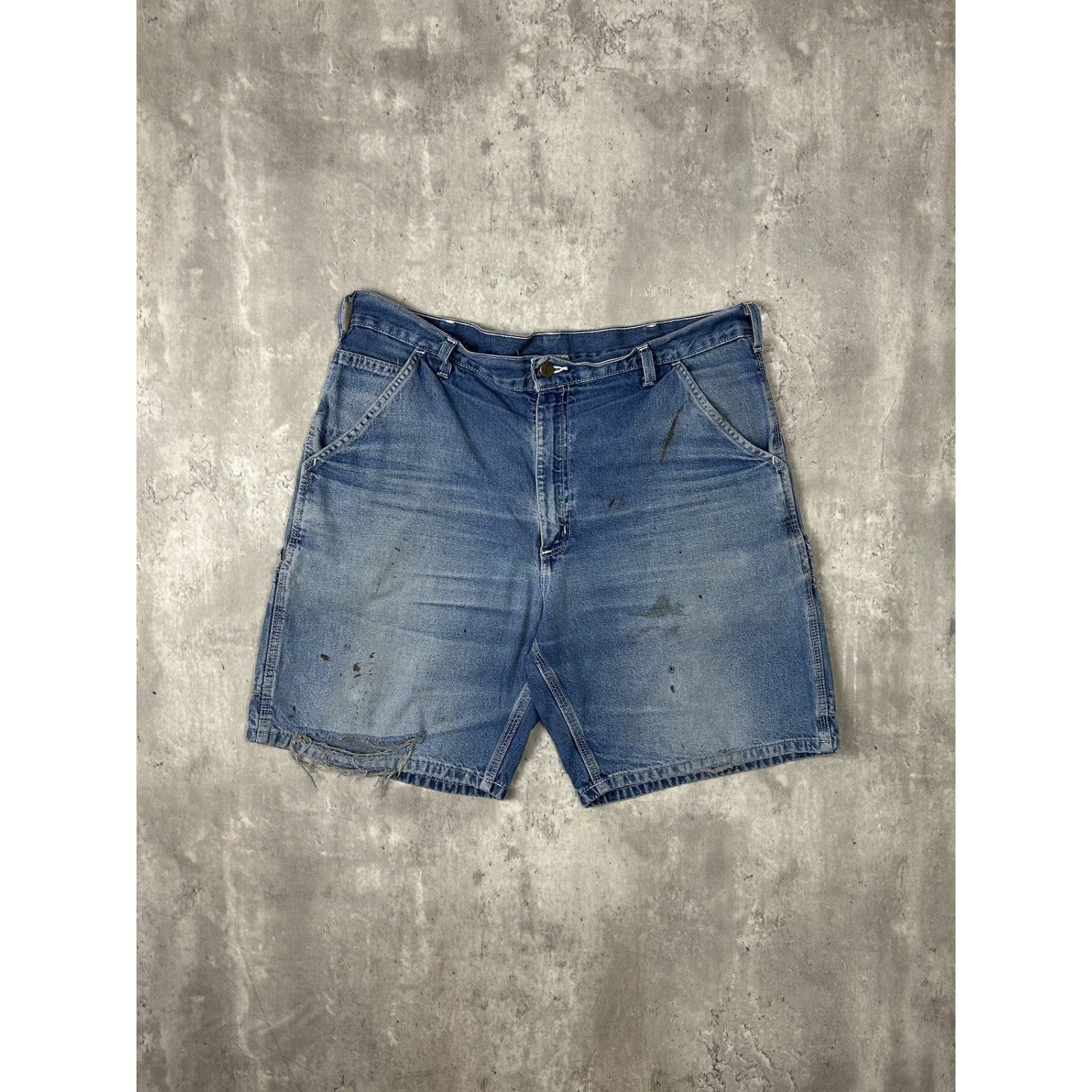 Vintage Carhartt Distressed Medium Wash Denim Workwear Carpenter Shorts Size 37