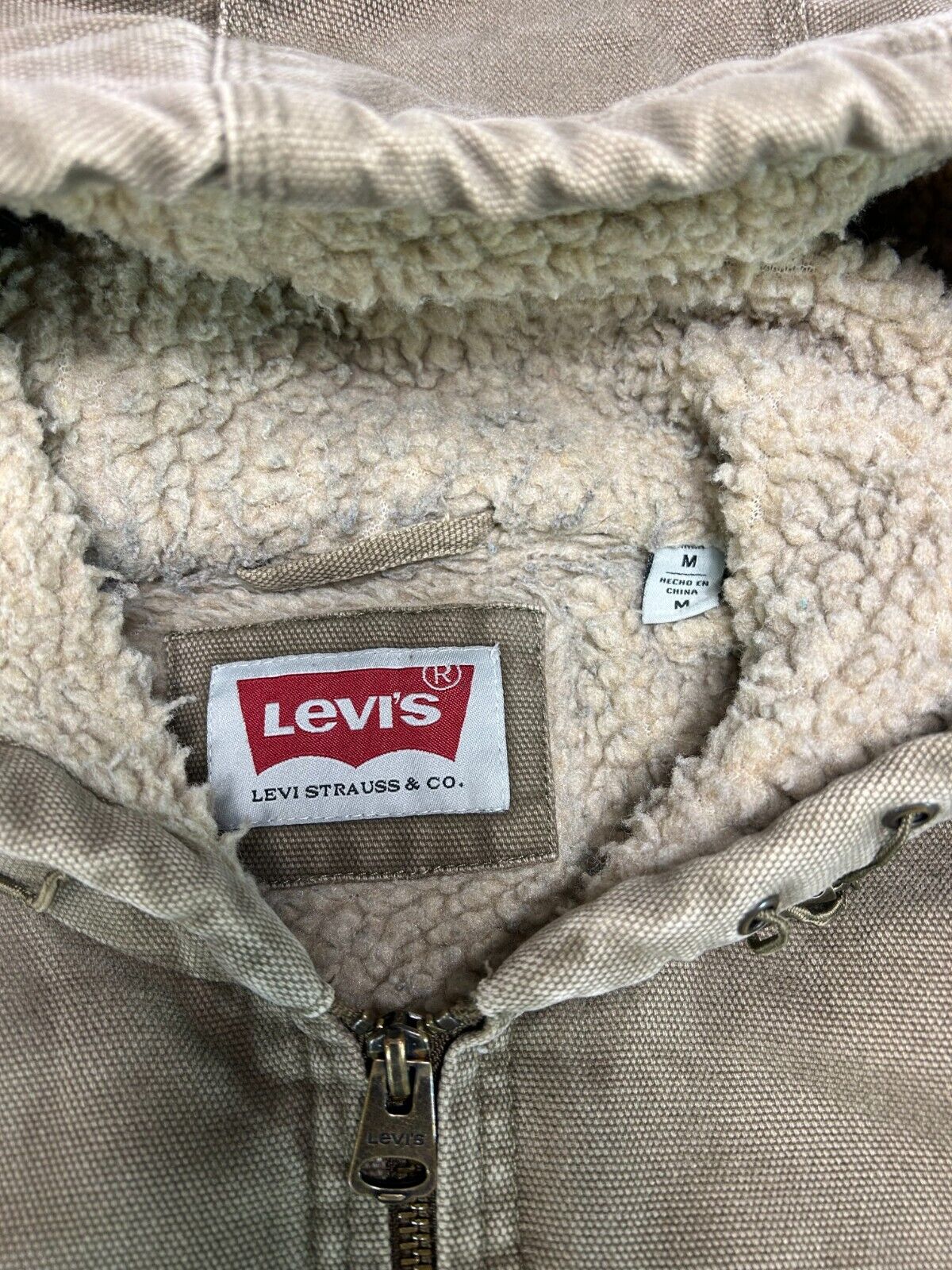 Levis Sherpa Lined Canvas Work Wear Style Hooded Bomber Jacket Size Medium