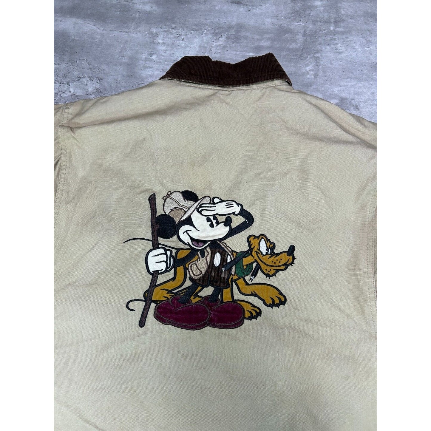 Vintage Disney Mickey Mouse Embroidered Canvas Long Jacket Size Large Beige