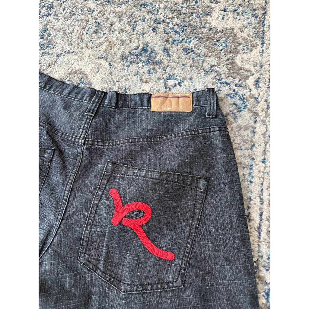 Vintage Y2K Rocawear Chain Stitch Pocket Logo Black Wash Denim Pants Size 40