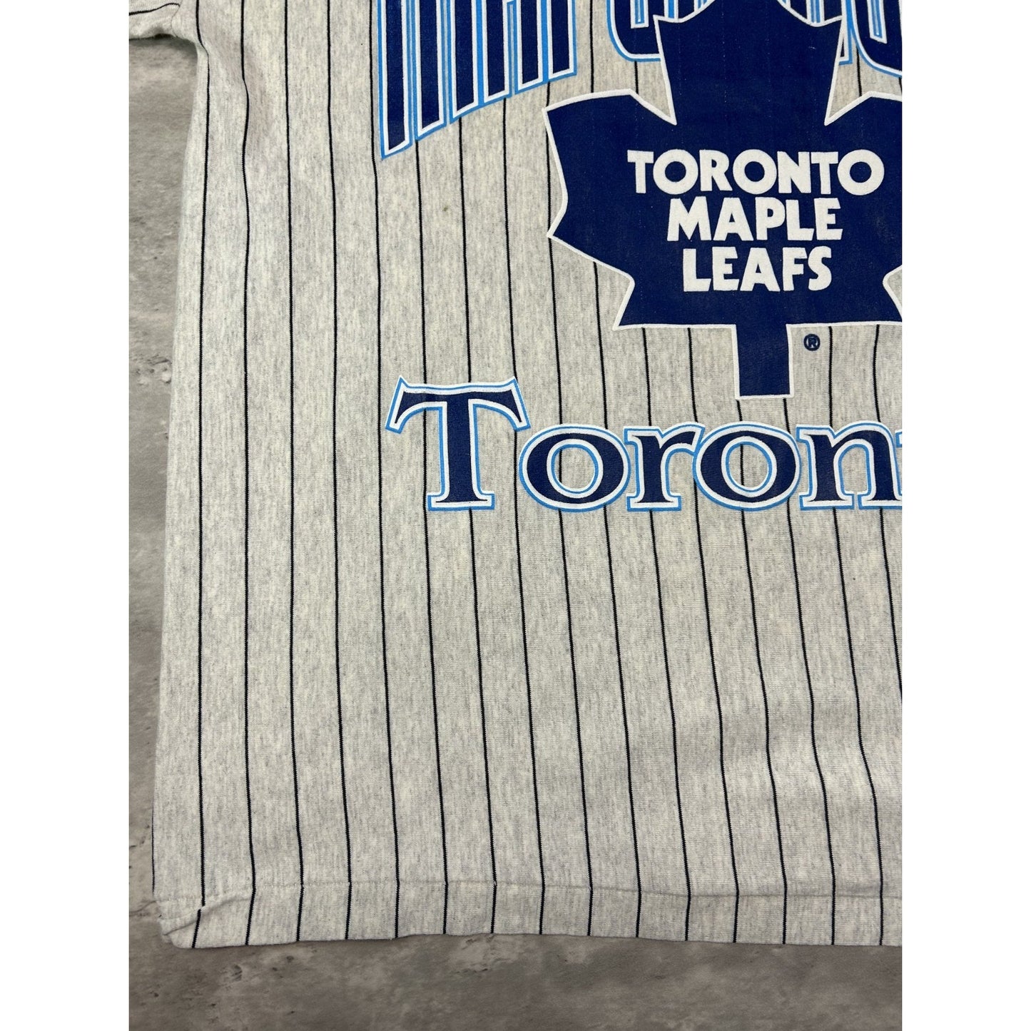 VTG 90s Toronto Maple Leafs NHL Pinstripe All Over Print 3/4 Sleeve T-Shirt Lg