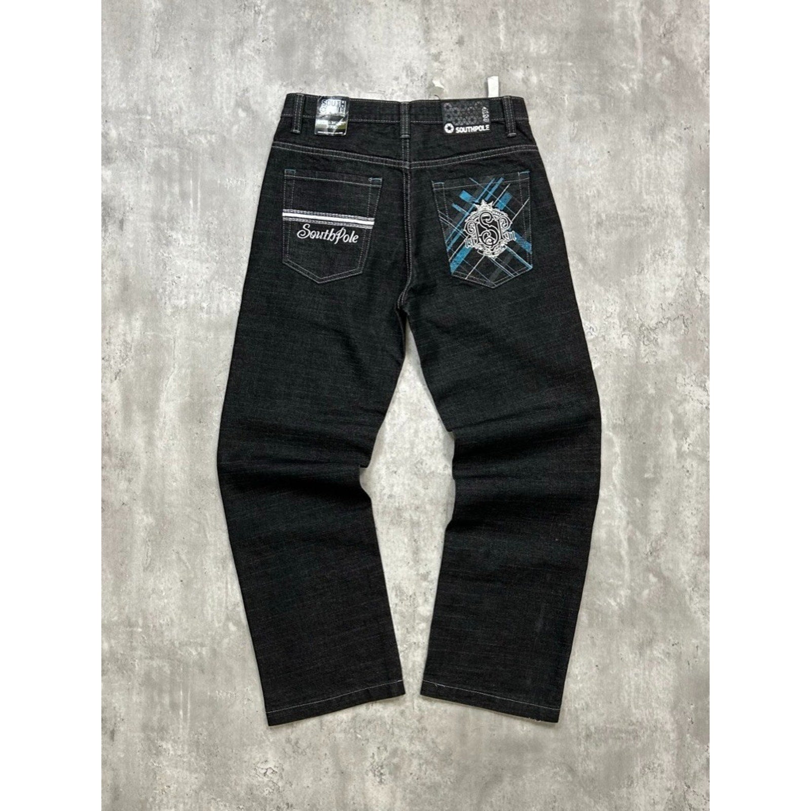 Vintage Y2K Southpole Embroidered Pockets Black Denim Pants Size 31