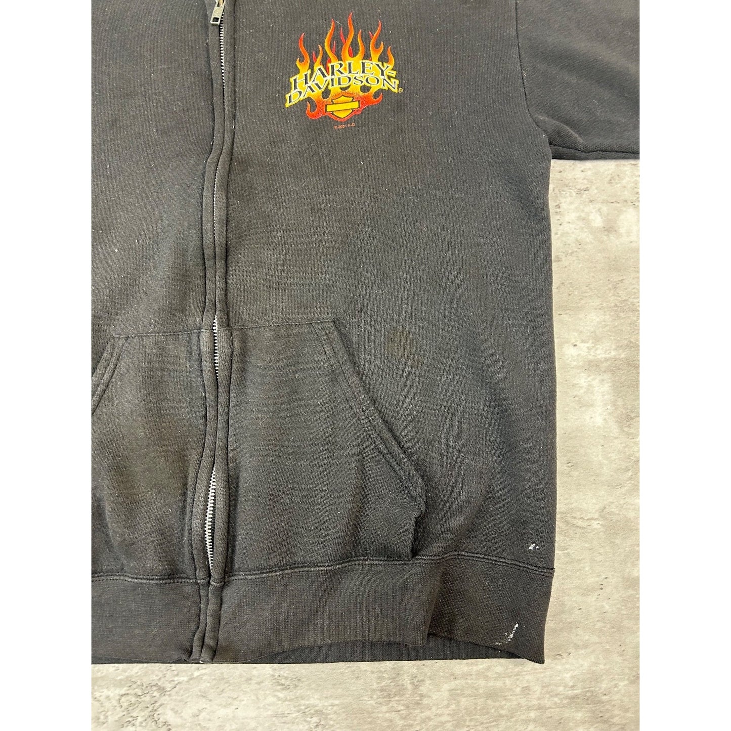 Vintage 2001 Harley Davidson Flame Sleeve Classic Logo Full Zip Sweatshirt Med