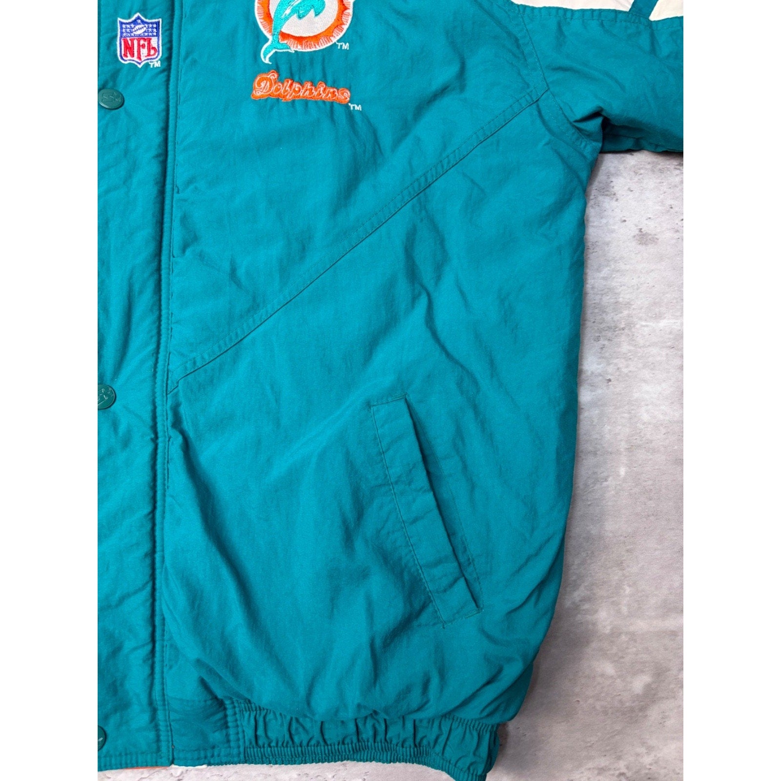 Vintage 90s Miami Dolphins NFL Embroidered Starter Bomber Jacket Size Large