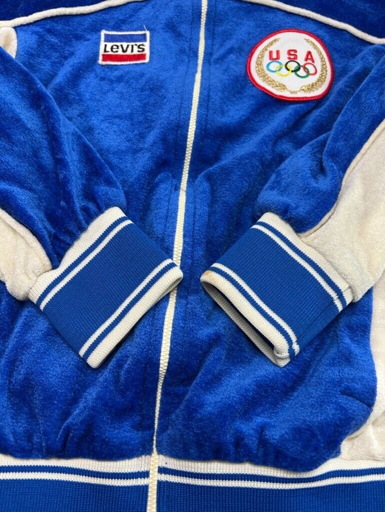 Vintage 1980 Levis USA Olympic Velour Full Zip Track Jacket Size Medium Blue