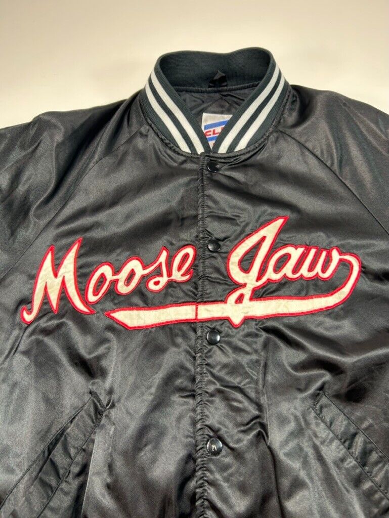 Vintage 90s Moose Jaw Embroidered Satin Bomber Jacket Size Large Black