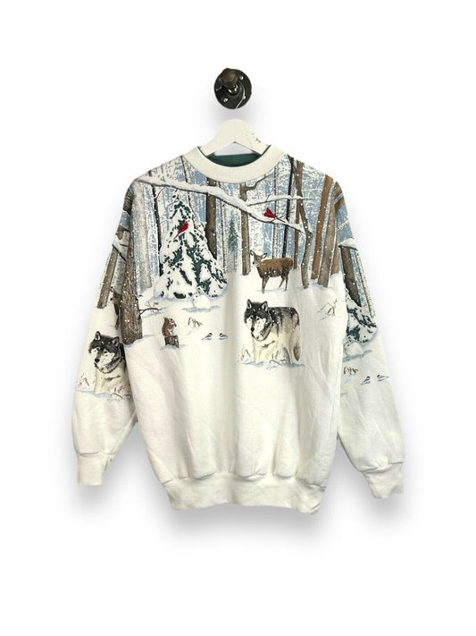 Vintage 90s Winter Forest Landscape Animal Nature AOP Sweatshirt Size Small