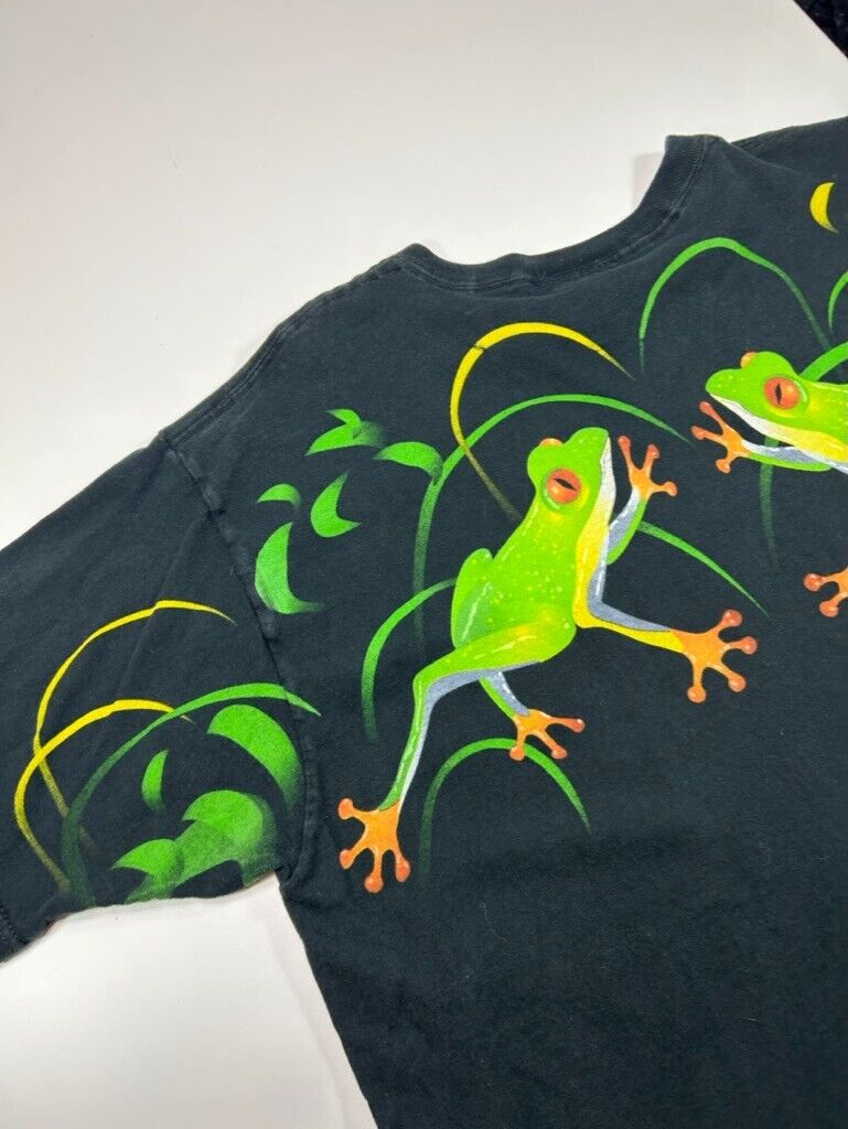 Vintage 90s Tree Frog Nature All Over Print Graphic T-Shirt Size XL Black