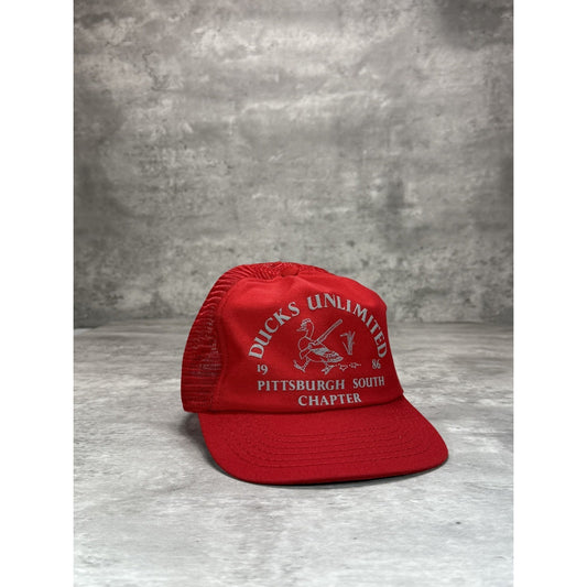 Vintage 1980s Ducks Unlimited Hunting Graphic Trucker Snapback Hat OSFA Red