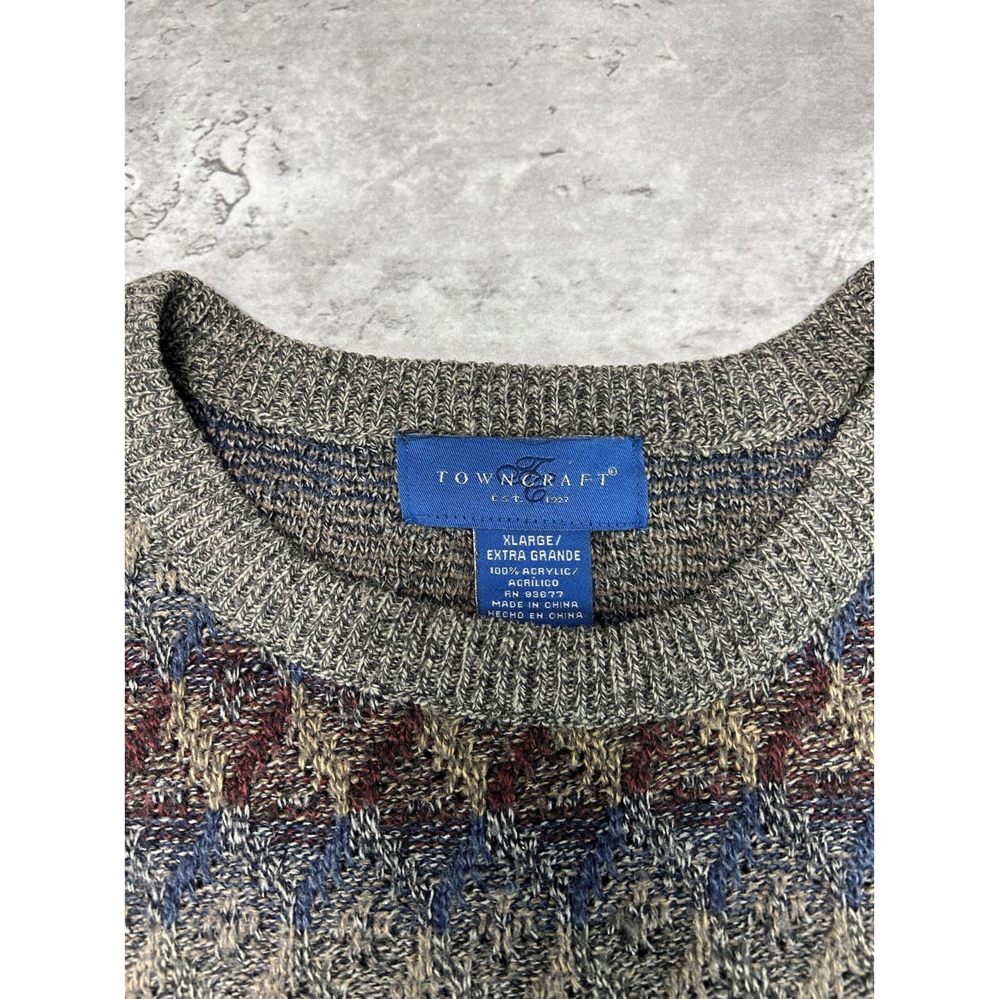 Vintage Towncraft Diamond Print Striped Pullover Knit Sweater Size XL