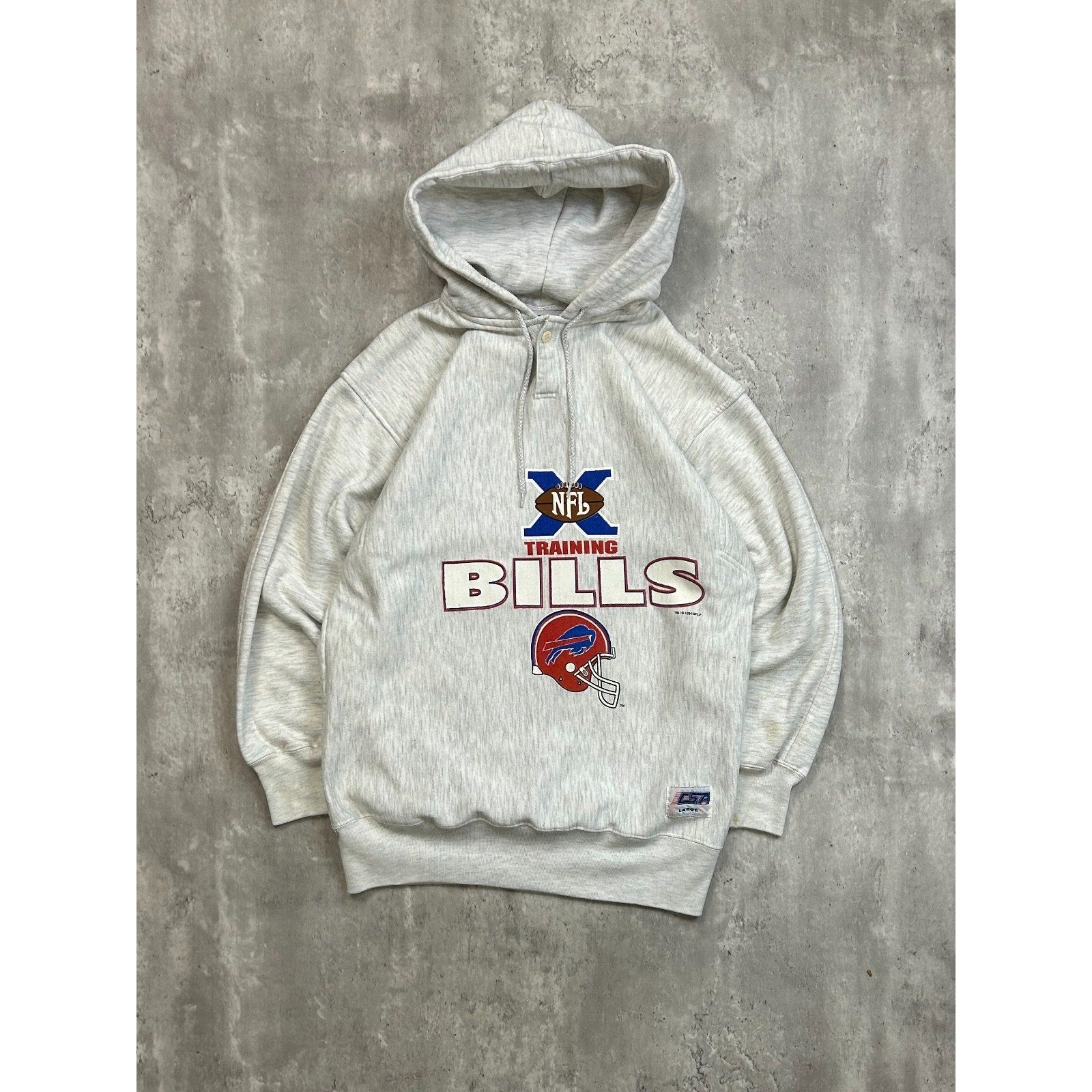 Vintage 1994 Buffalo Bills NFL Training Spellout Hooded Sweatshirt Size Large