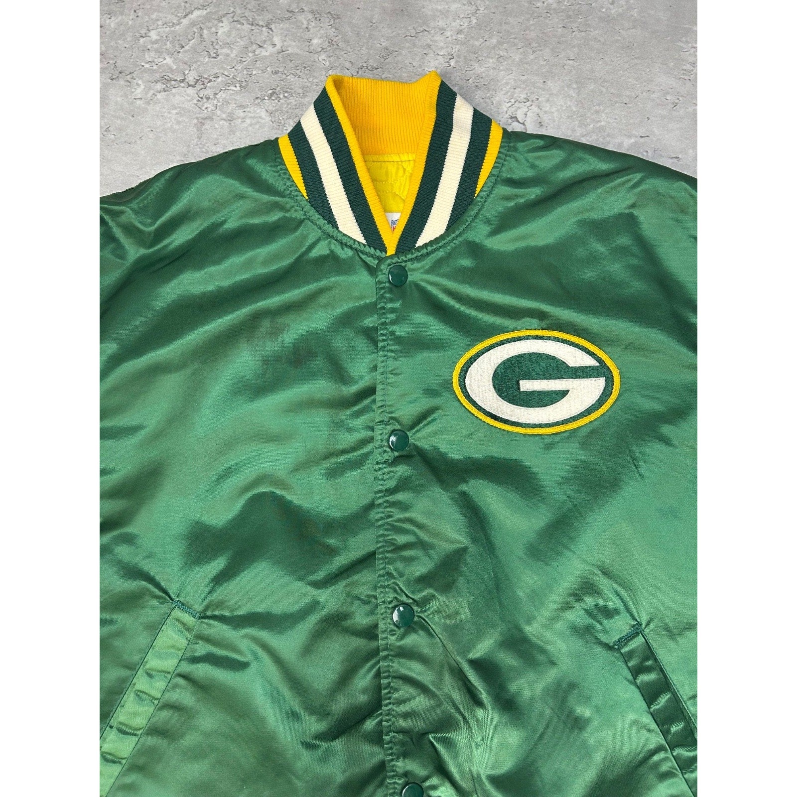 Vintage 80s Green Bay Packers NFL Starter Satin Bomber Jacket Size Large