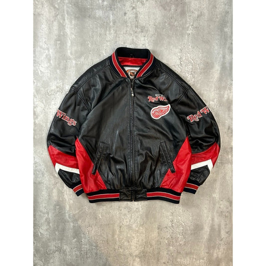 Vintage Detroit Red Wings NHL Embroidered Logo Pleather Jacket Size Large