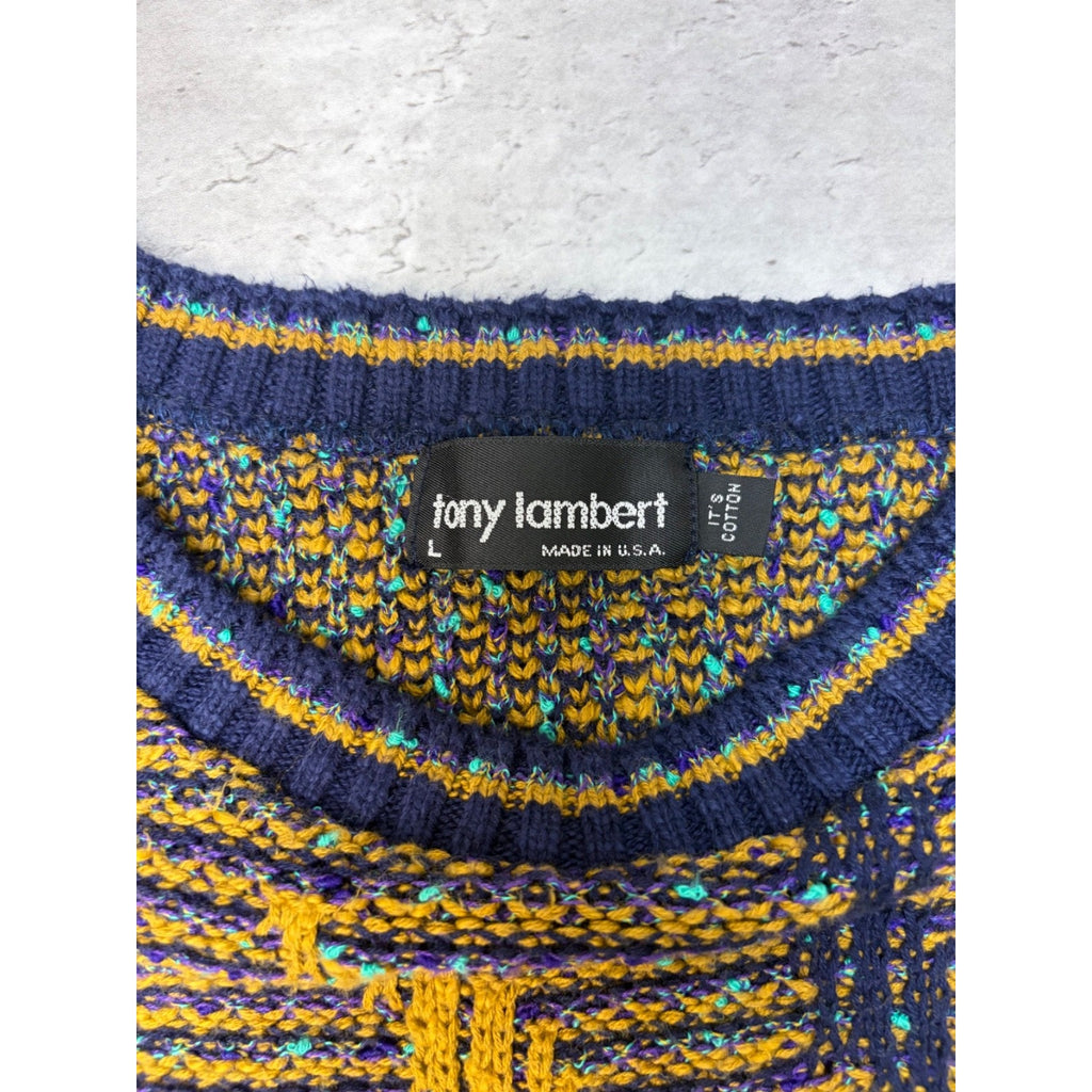 Vintage 90s Tony Stewart Abstract Striped Print Pullover Knit Sweater Size Large