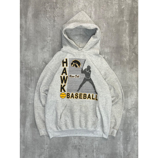 Vintage 90s River Dell Hawks NCAA Baseball Graphic Hooded Sweatshirt Size Large