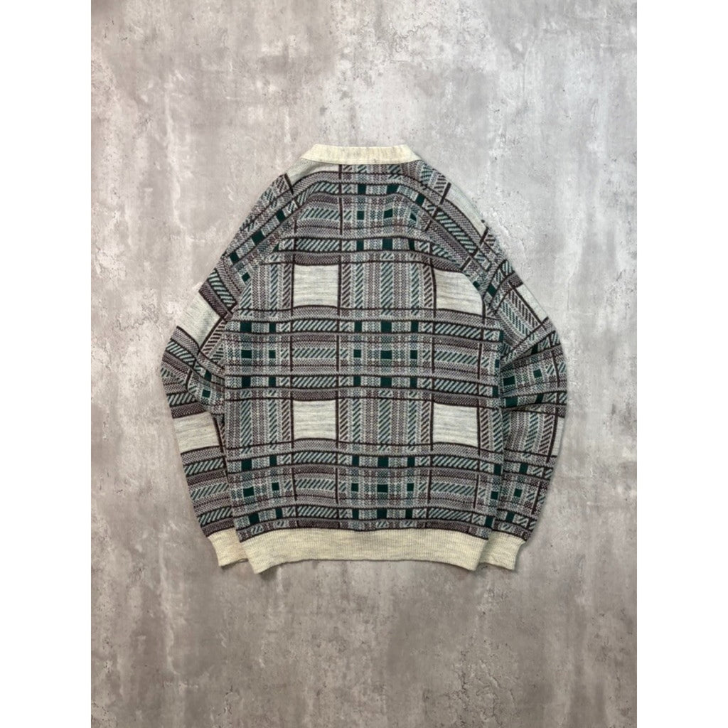 Vintage 80s Moda Abstract Plaid Print Cardigan Knit Sweater Size Large