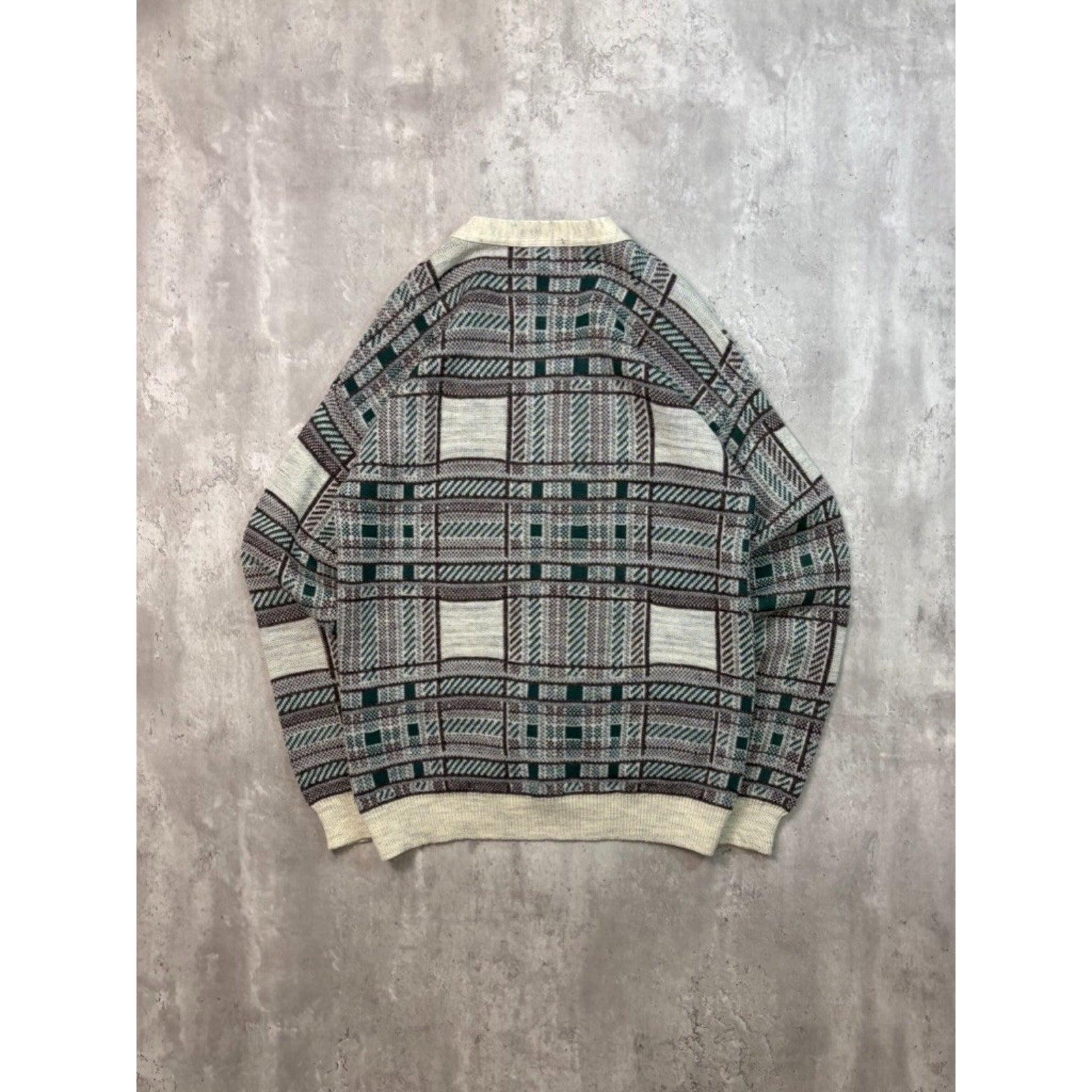 Vintage 80s Moda Abstract Plaid Print Cardigan Knit Sweater Size Large