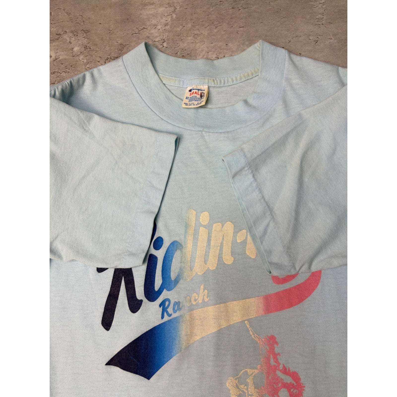Vintage 80s Ridin-Hy Ranch Gradient Script Spellout T-Shirt Size Small