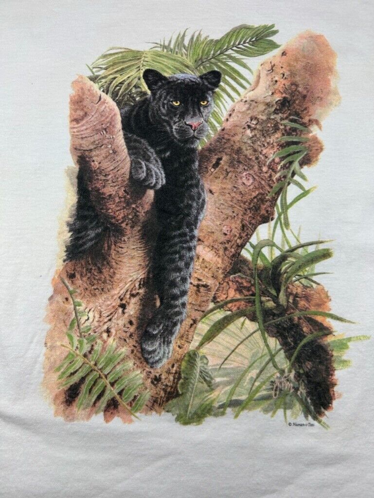 Vintage 90s Human-I-Tees Panther Nature Graphic T-Shirt Size XL