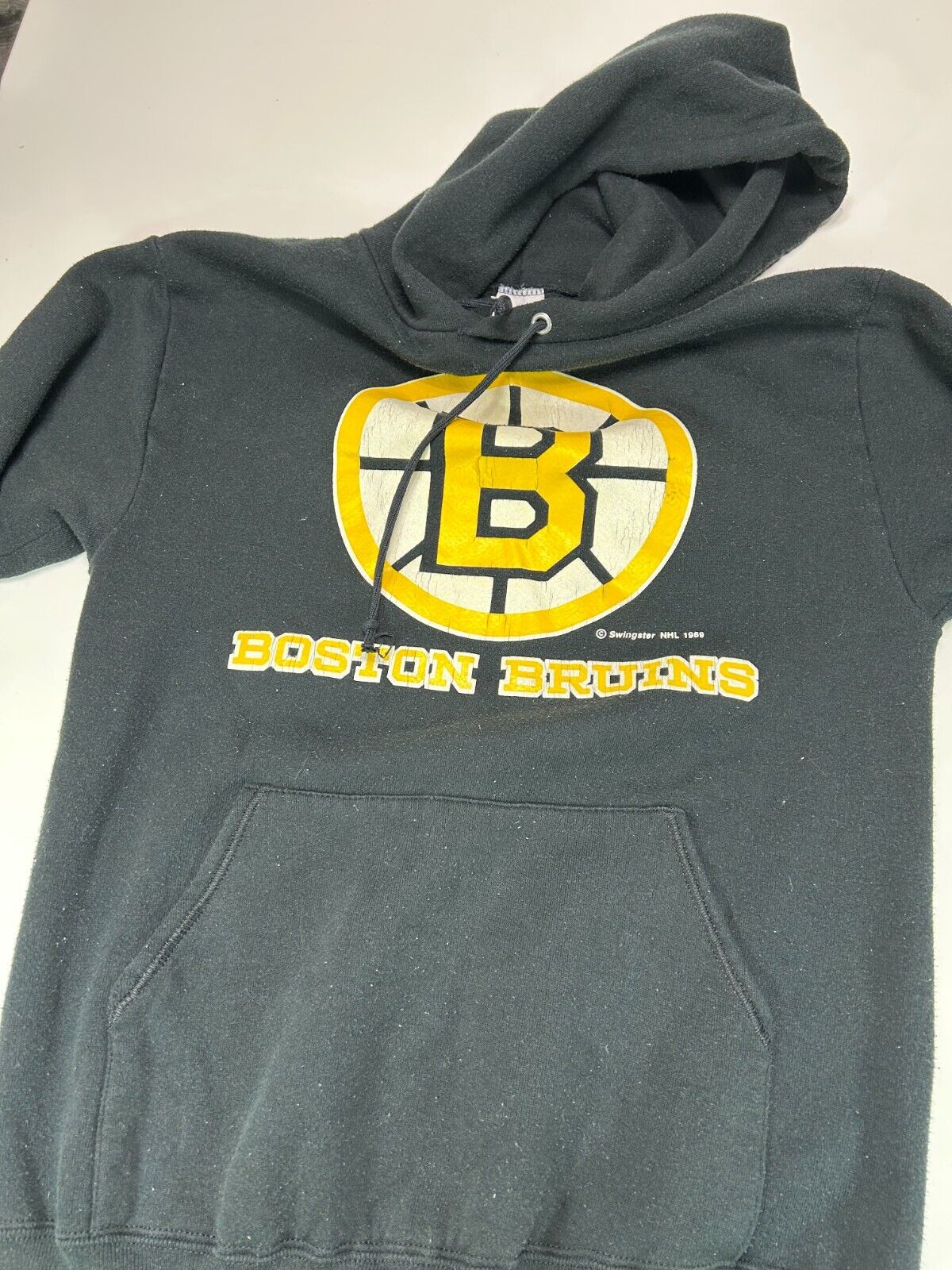 Vintage 1989 Boston Bruins NHL Spell Out Logo Hooded Sweatshirt Size Medium