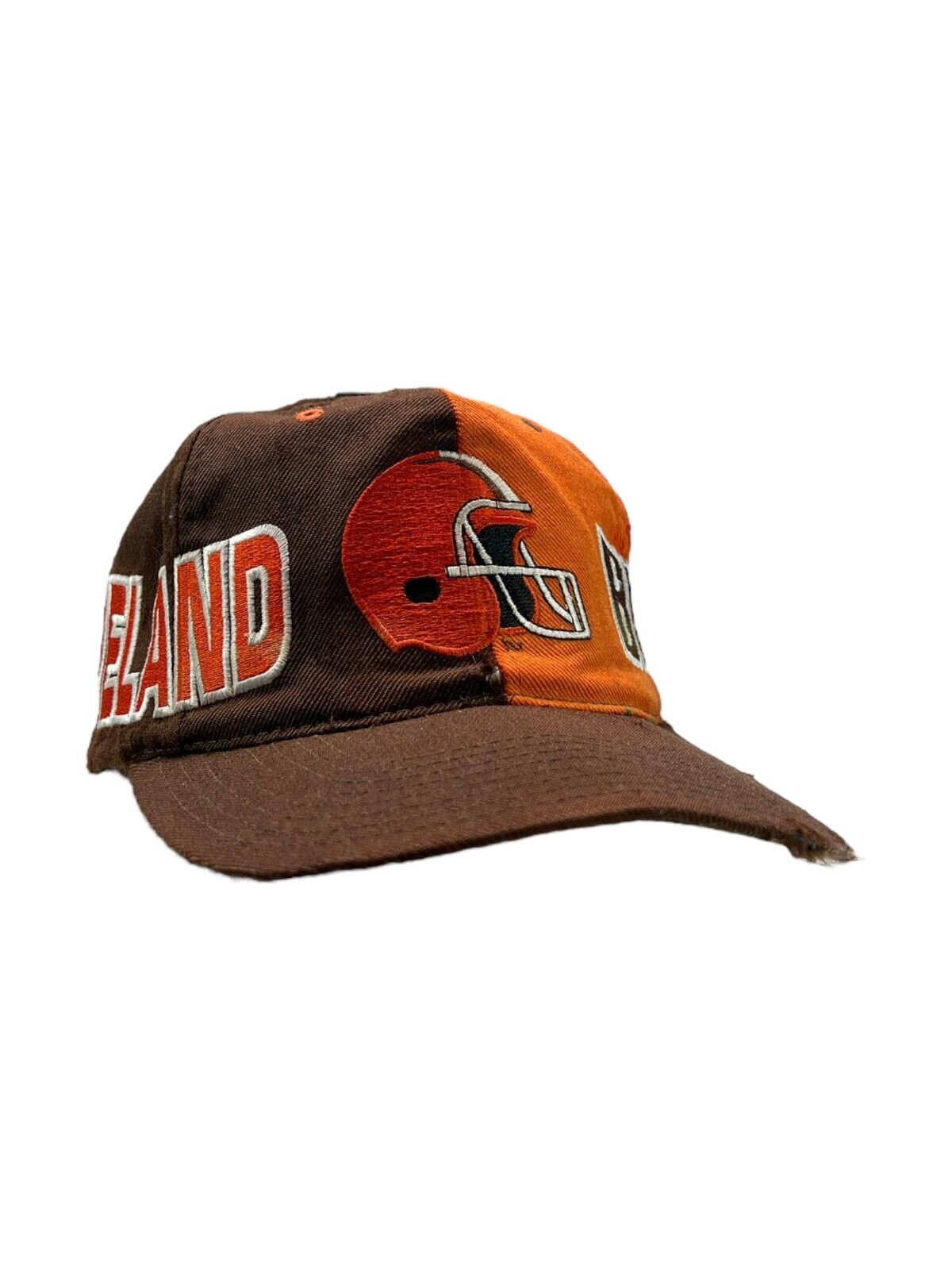 Vintage 90s Cleveland Browns NFL Embroidered Spellout Split Snapback Hat OSFA