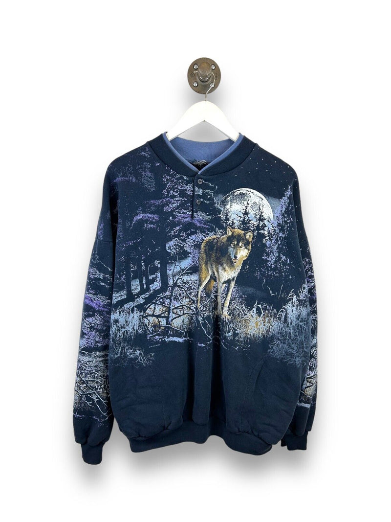 Vintage 90s Wolf Full Moon Wilderness Nature All Over Print Sweatshirt Size XL