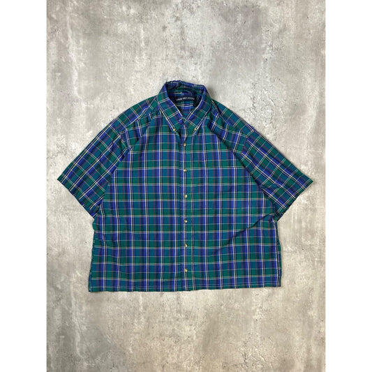 Vintage Van Heusen Plaid Short Sleeve Cropped Reworked Button Up Shirt Sz Large