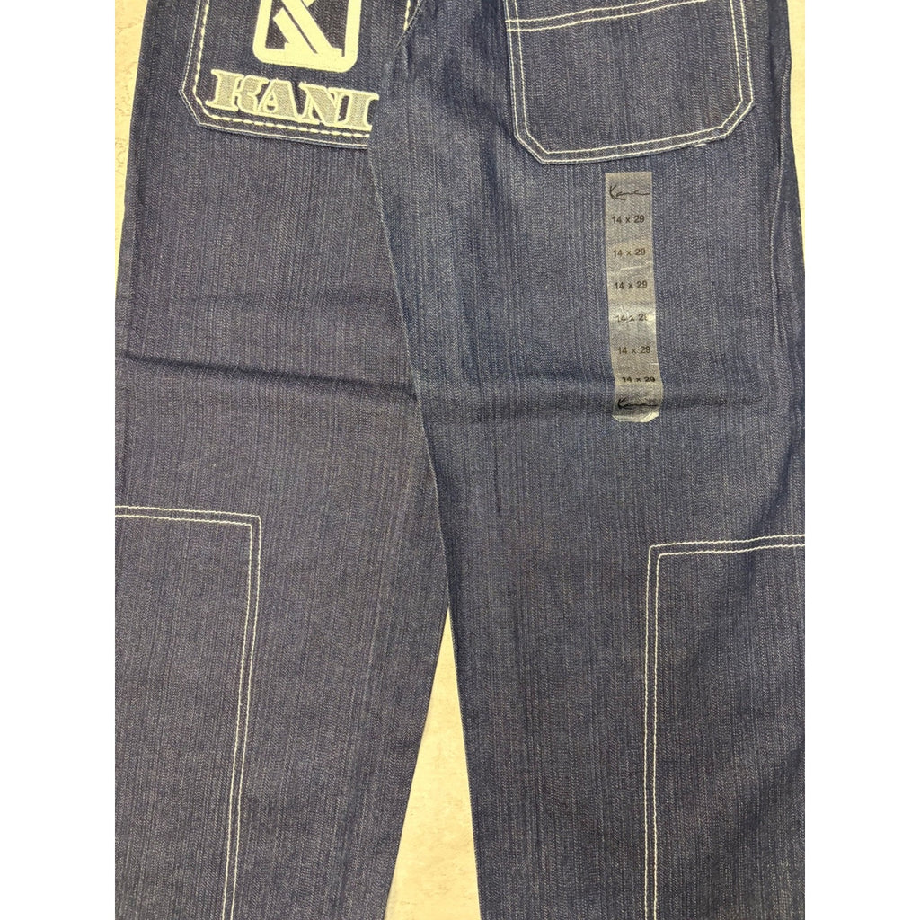 Vintage Y2K Womens Kani Contrast Stitched Spellout Dark Wash Denim Pants