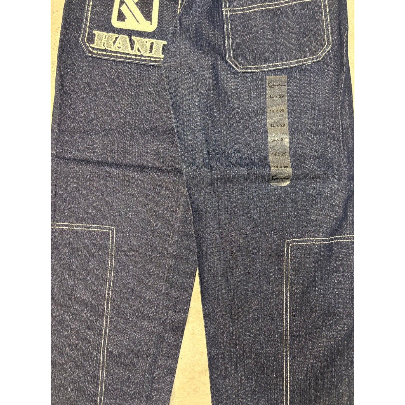 Vintage Y2K Womens Kani Contrast Stitched Spellout Dark Wash Denim Pants