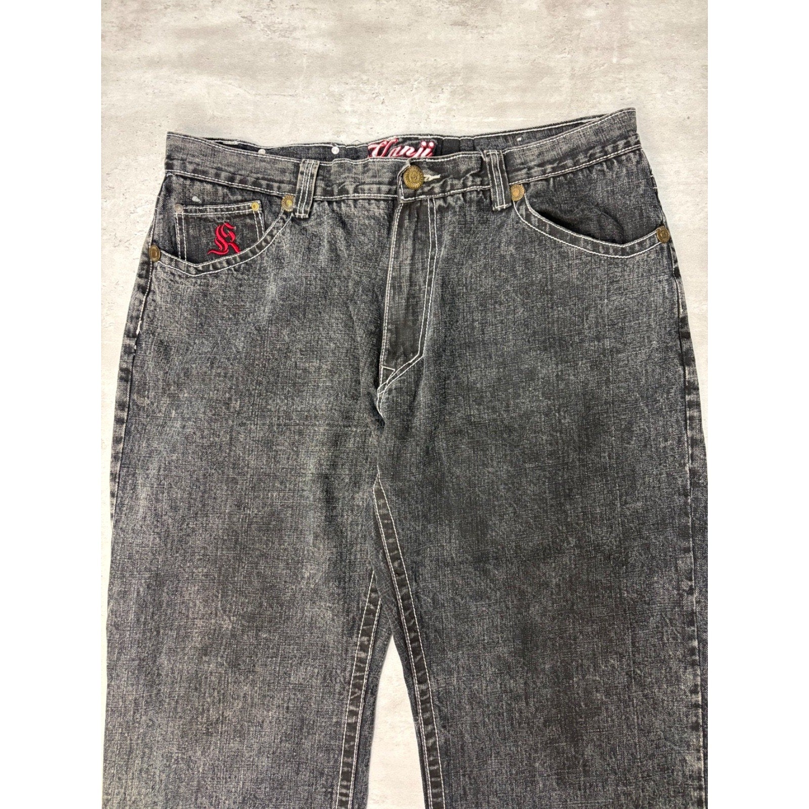 Vintage Y2K Kanii Embroidered Dragon Baggy Fit Black Denim Pants Size 41