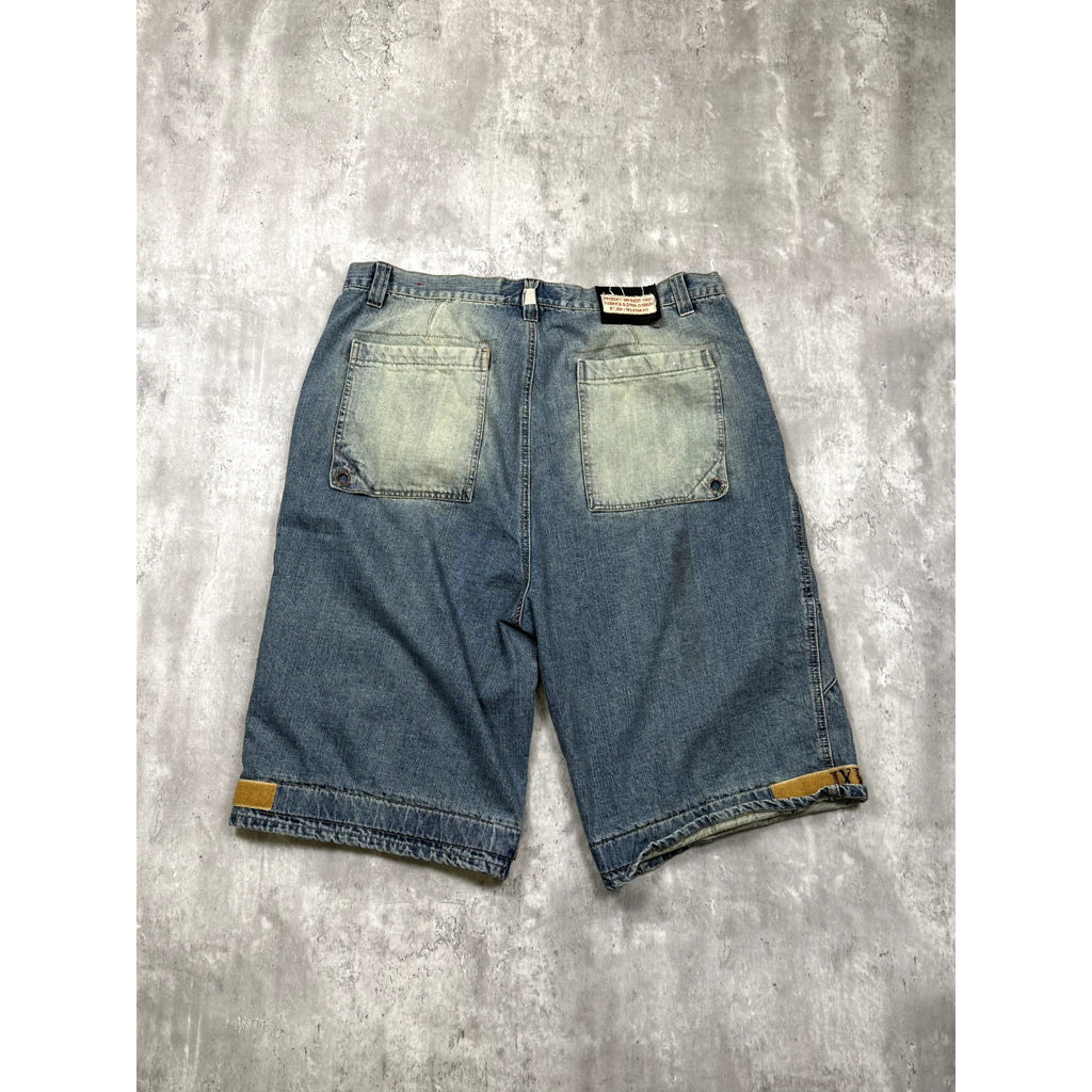 VTG Y2K Dtek Jeans Faded Medium Wash Denim Spellout Cuff Cargo Shorts Size 42