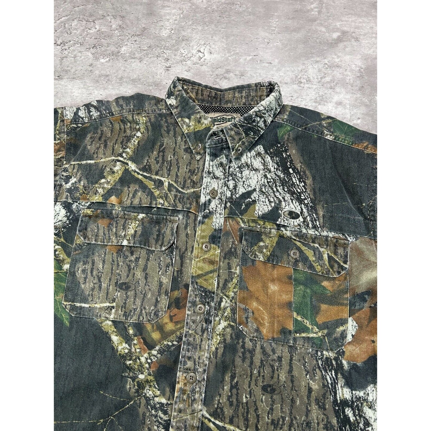 Mossy Oak Breakup Camo Double Pocket Hunting Button Up Shirt Size Large