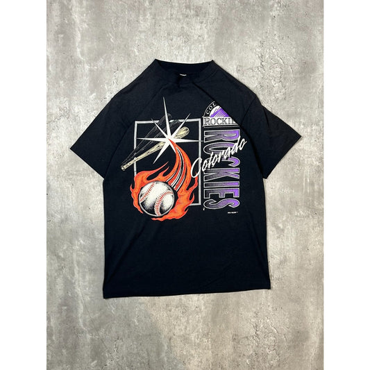 Vintage 1992 Colorado Rockies MLB Flaming Ball Graphic Baseball T-Shirt Size Med
