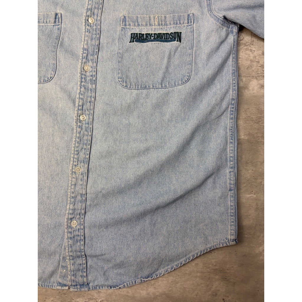 Vintage Harley Davidson Embroidered Light Wash Denim Button Up Shirt Size Large