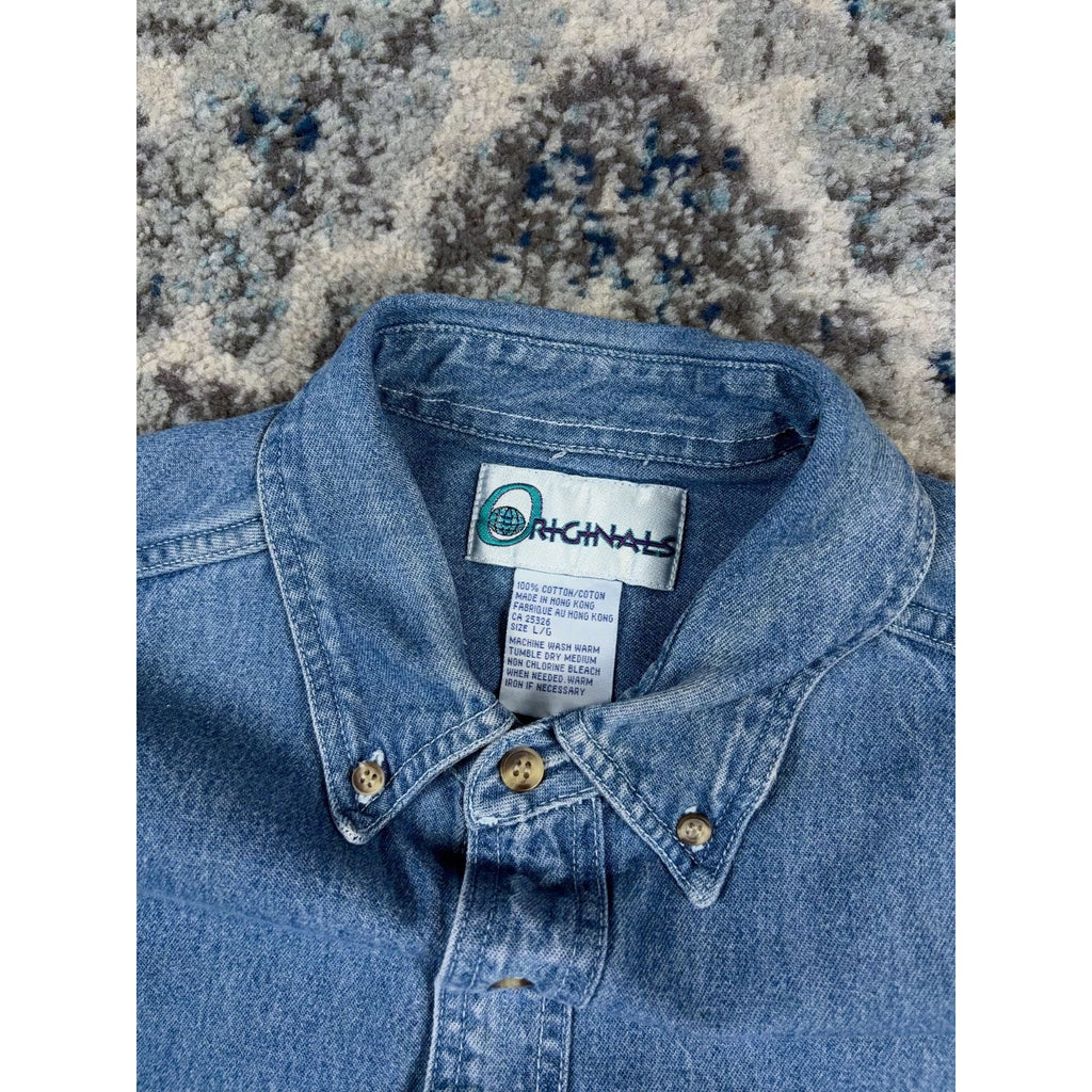 90s Budweiser Embroidered Logo Medium Wash Denim Button Up Shirt Size Large