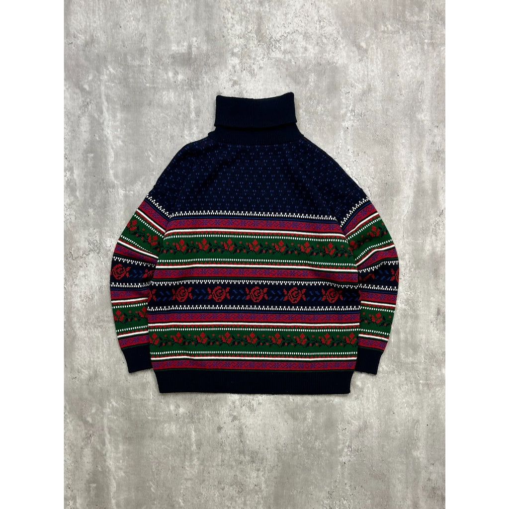 Vintage 90s Rose Striped Print Pullover Turtle Neck Knit Sweater Size Large