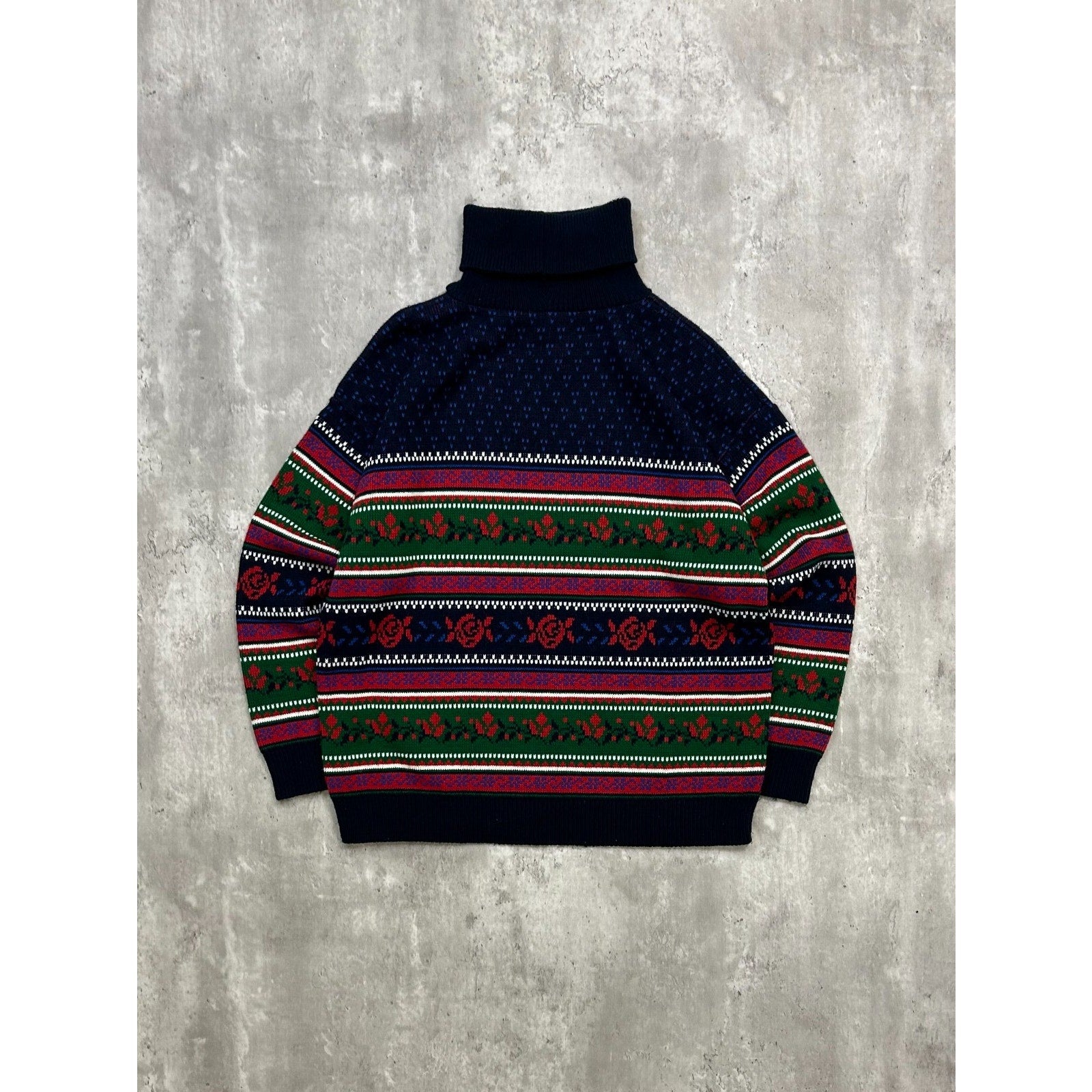 Vintage 90s Rose Striped Print Pullover Turtle Neck Knit Sweater Size Large
