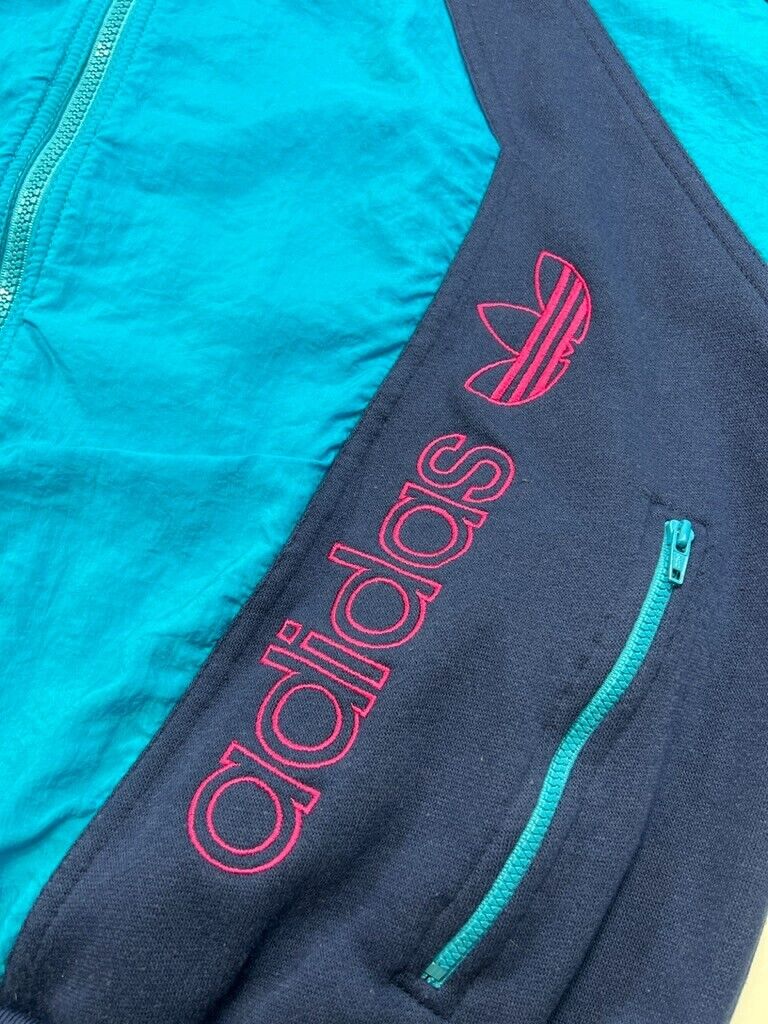 Vintage 80s Adidas Embroidered Trefoil Panelled Nylon Jacket Size Large Blue