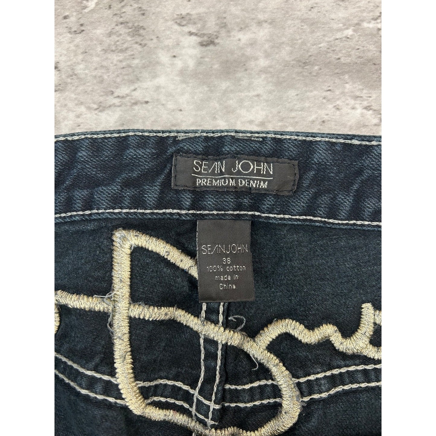 Vintage Y2K Sean Jean Dark Wash Embroidered Spellout Denim Pants Size 38