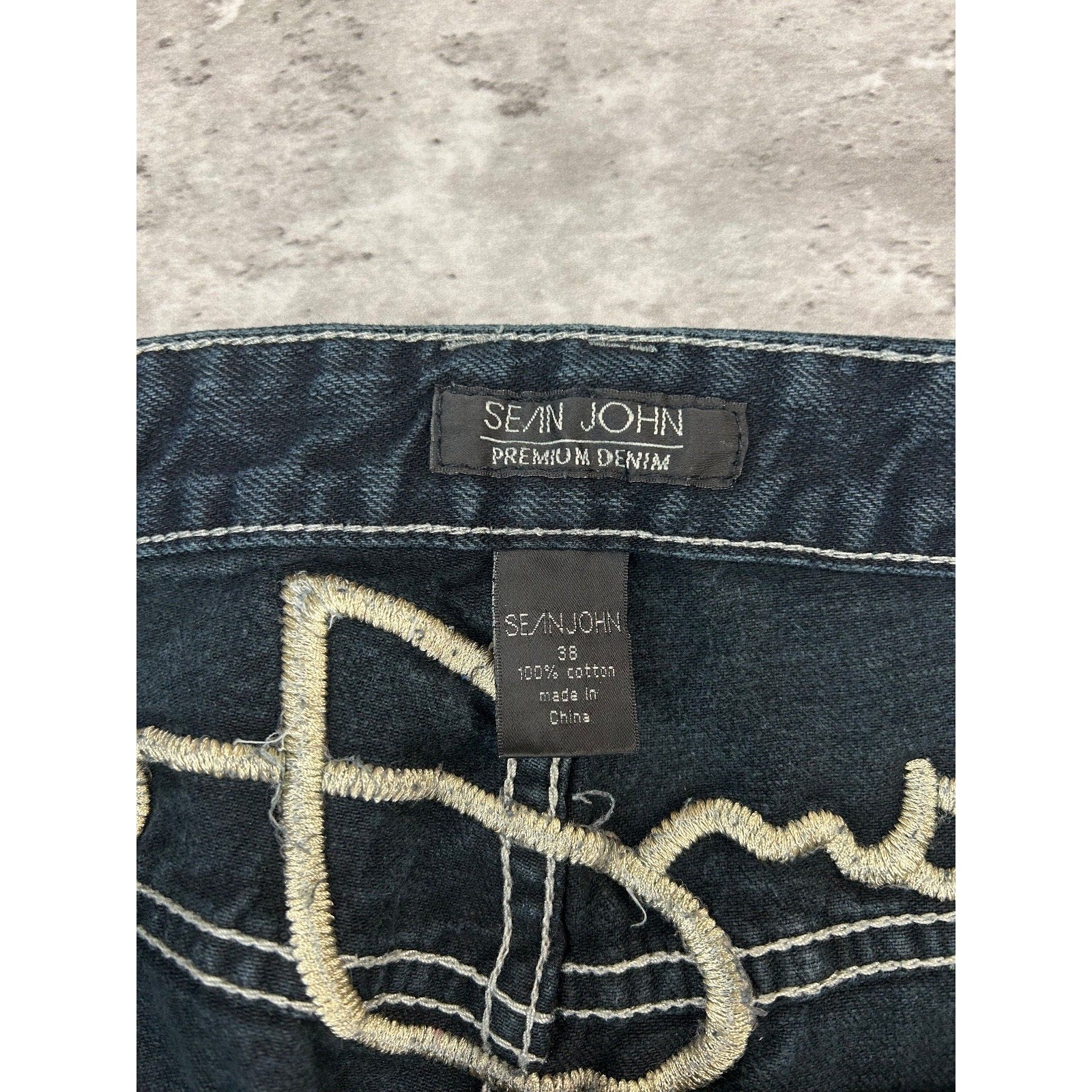 Vintage Y2K Sean Jean Dark Wash Embroidered Spellout Denim Pants Size 38