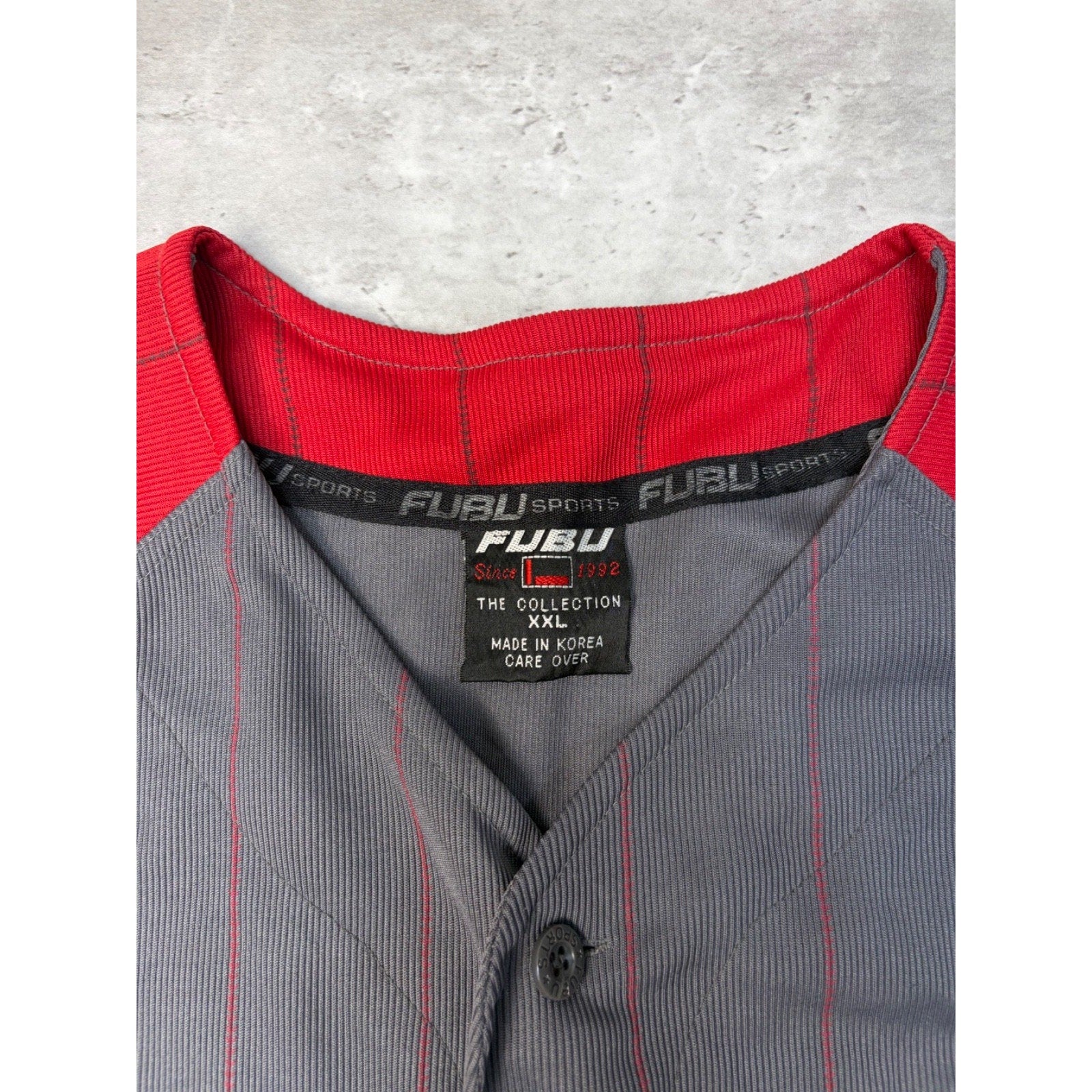 Vintage Y2K Fubu Stitched Logo Pinstripe Baseball Jersey Size 2XL