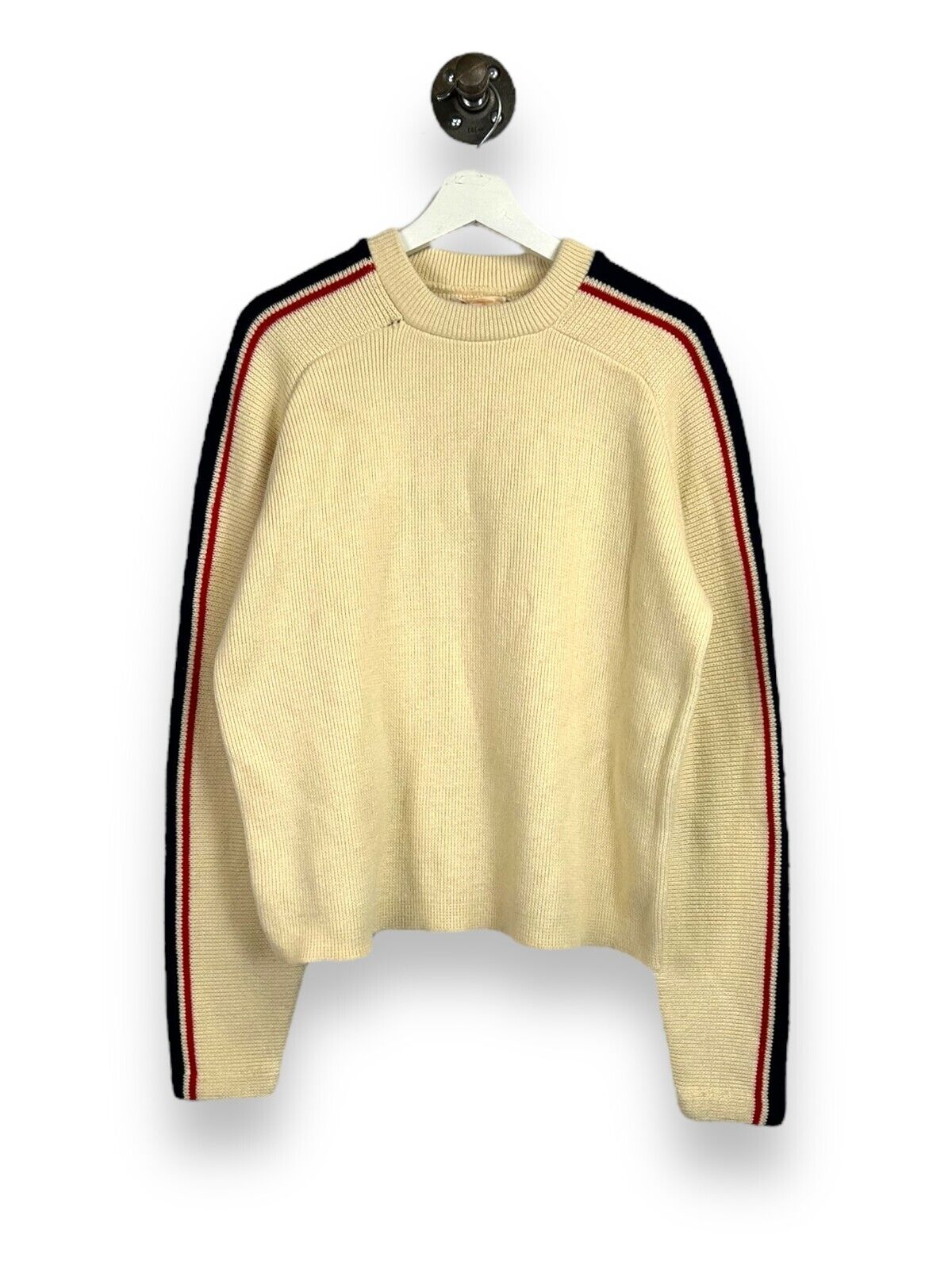 Vintage 70s/80s Tom Toggery Striped Ribbed Knit Sweater Size Large Beige