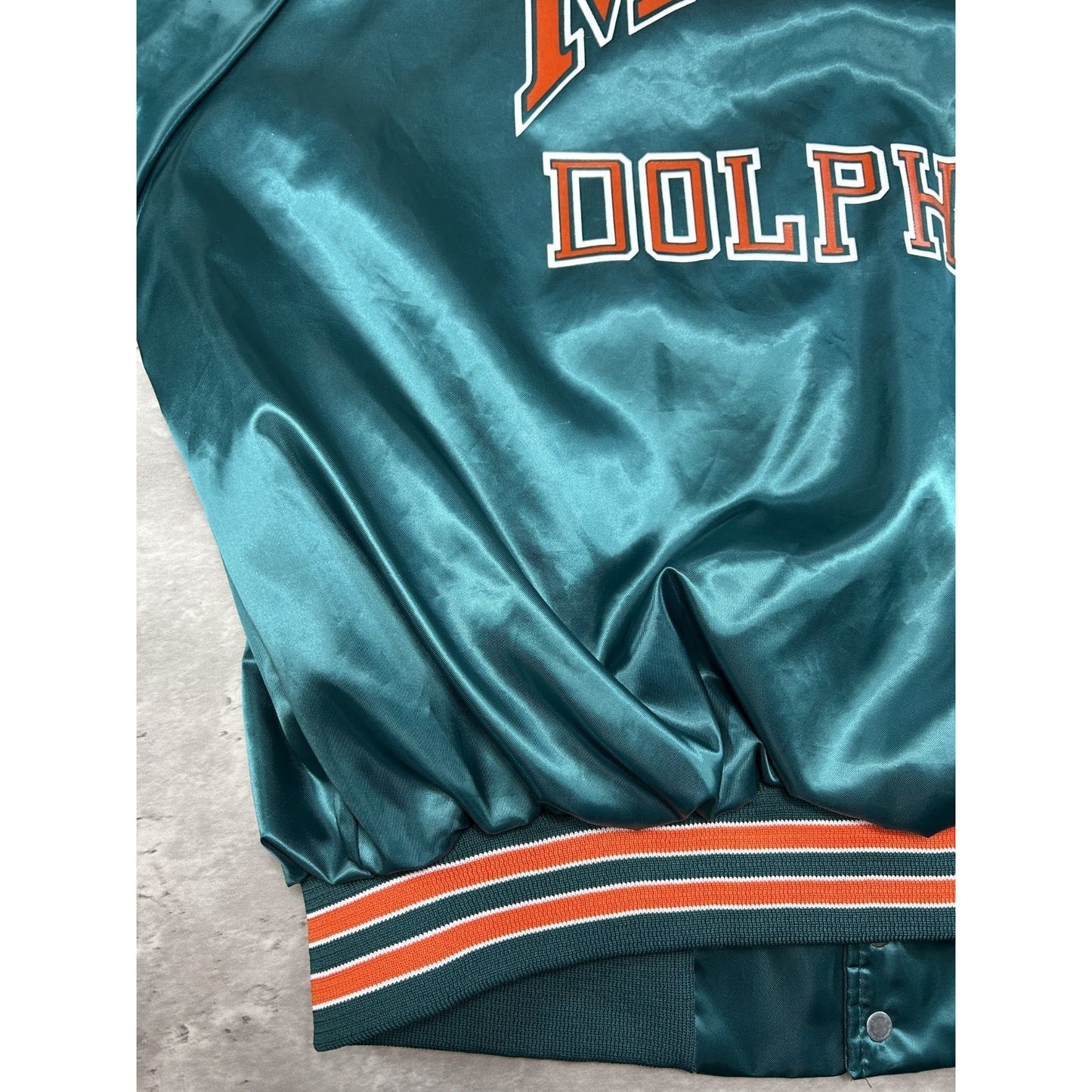 Vintage 80s Miami Dolphins NFL Satin Chalk Line Bomber Jacket Size XL