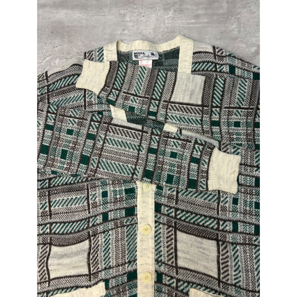 Vintage 80s Moda Abstract Plaid Print Cardigan Knit Sweater Size Large