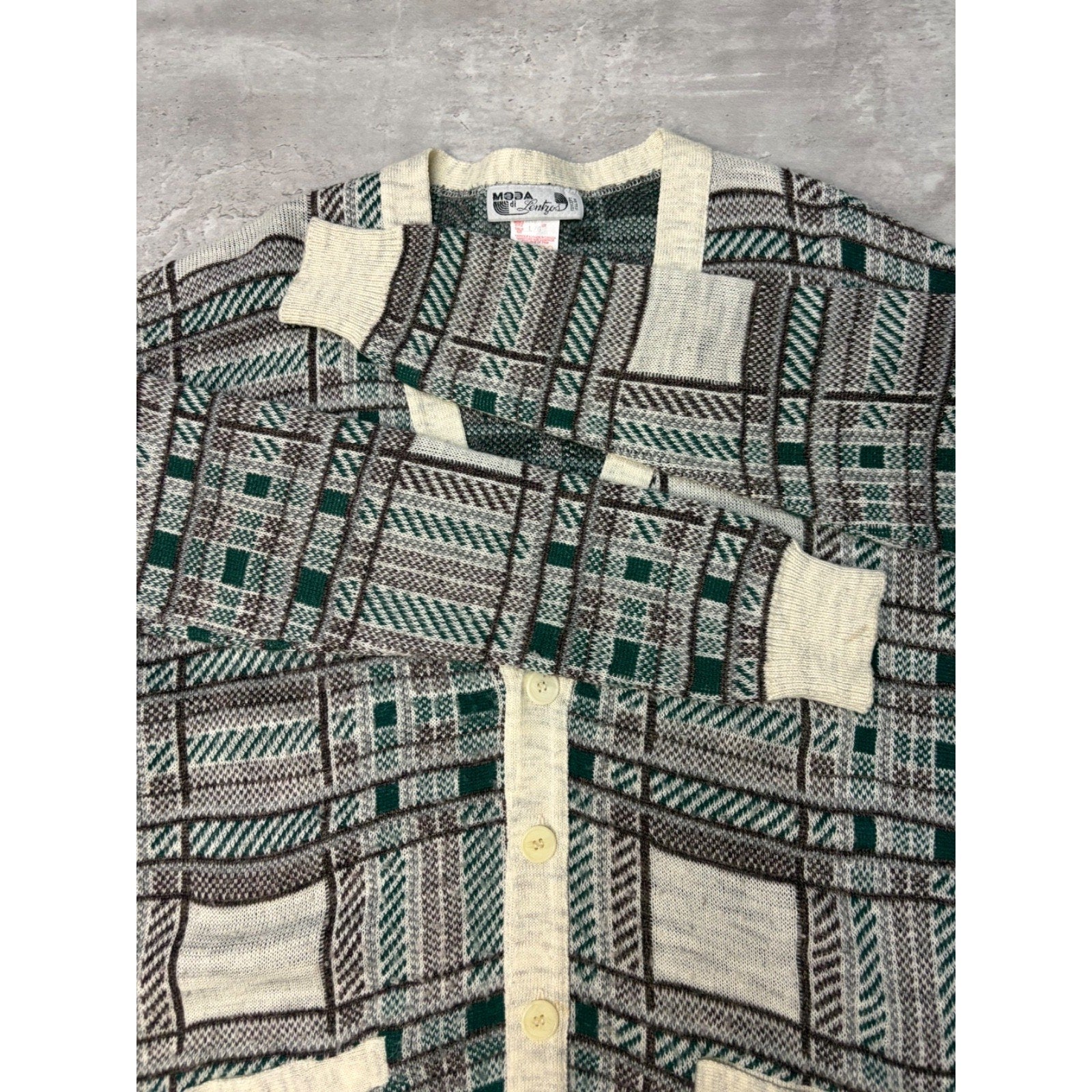 Vintage 80s Moda Abstract Plaid Print Cardigan Knit Sweater Size Large