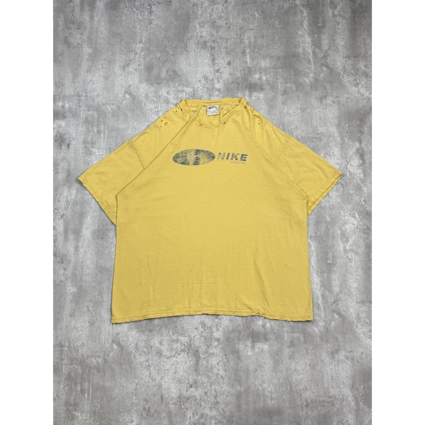 Vintage 90s Nike Swoosh Spellout Graphic Distressed T-Shirt Size XL Yellow