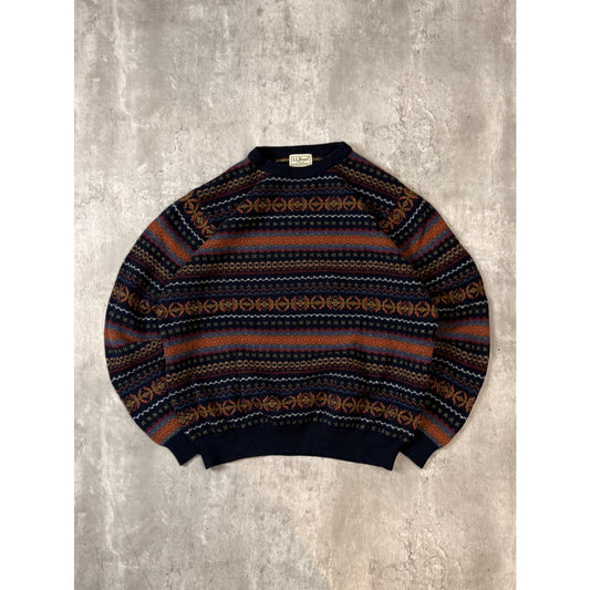 Vintage L.L. Bean Abstract Striped 100% Wool Pullover Knit Sweater Size Medium